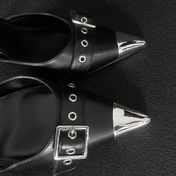 Steve Madden "Bex" Black Buckle Strap Pointed Cap Toe Stiletto Heels Size: 10M - Picture 4 of 10